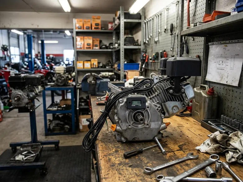 Motorový agregát s připojeným počítadlem motohodin v dílně.