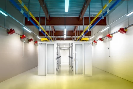 Řada bílých serverových skříní v moderním datovém centru.