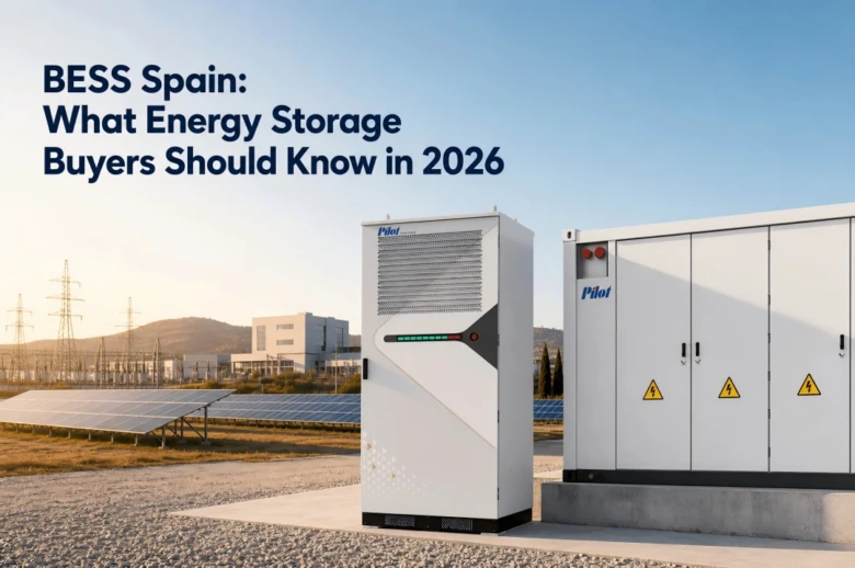 Systém baterií pro ukládání energie vedle solárních panelů.