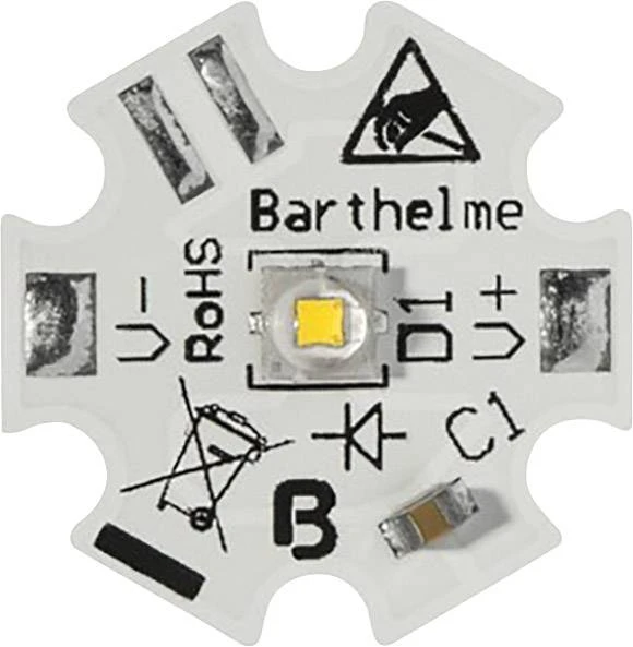 Modul s LED diodou a elektronickými součástkami na bílém pozadí