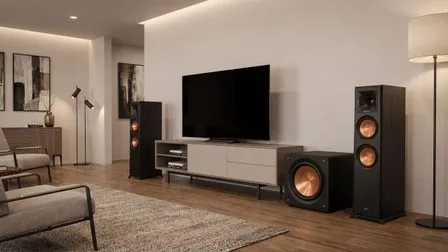 Moderní obývací pokoj s televizorem, reproduktory a subwooferem pro domácí kino.